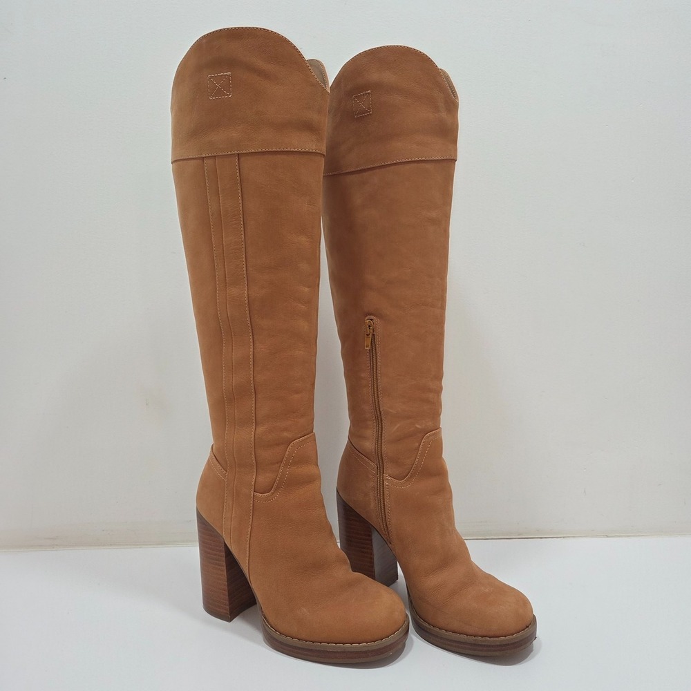 JLO Jennifer Lopez Parid‎ Over The Knee Boots Block Heels Tan Brown Suede US 6M